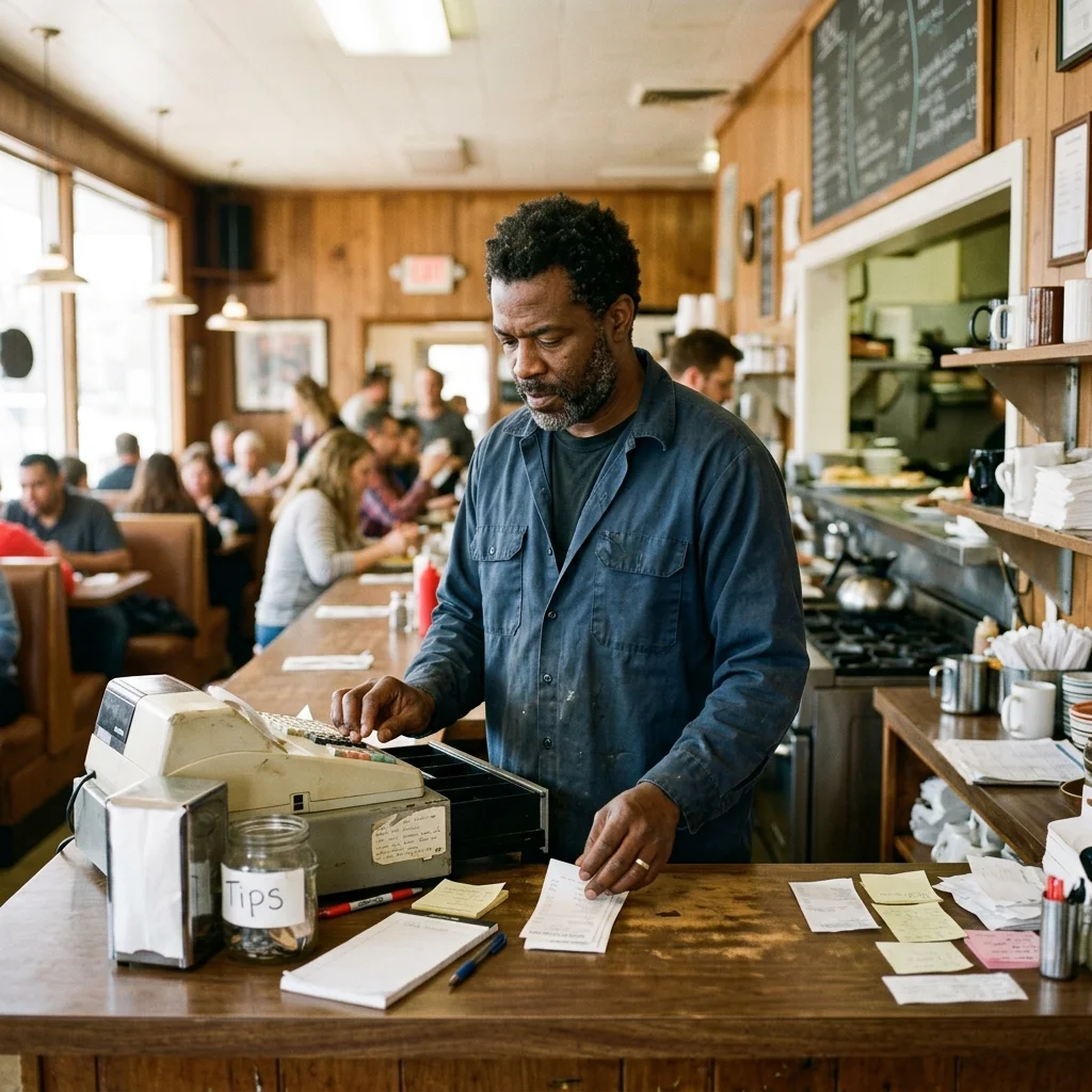 Restaurant owner working the counter during a busy service