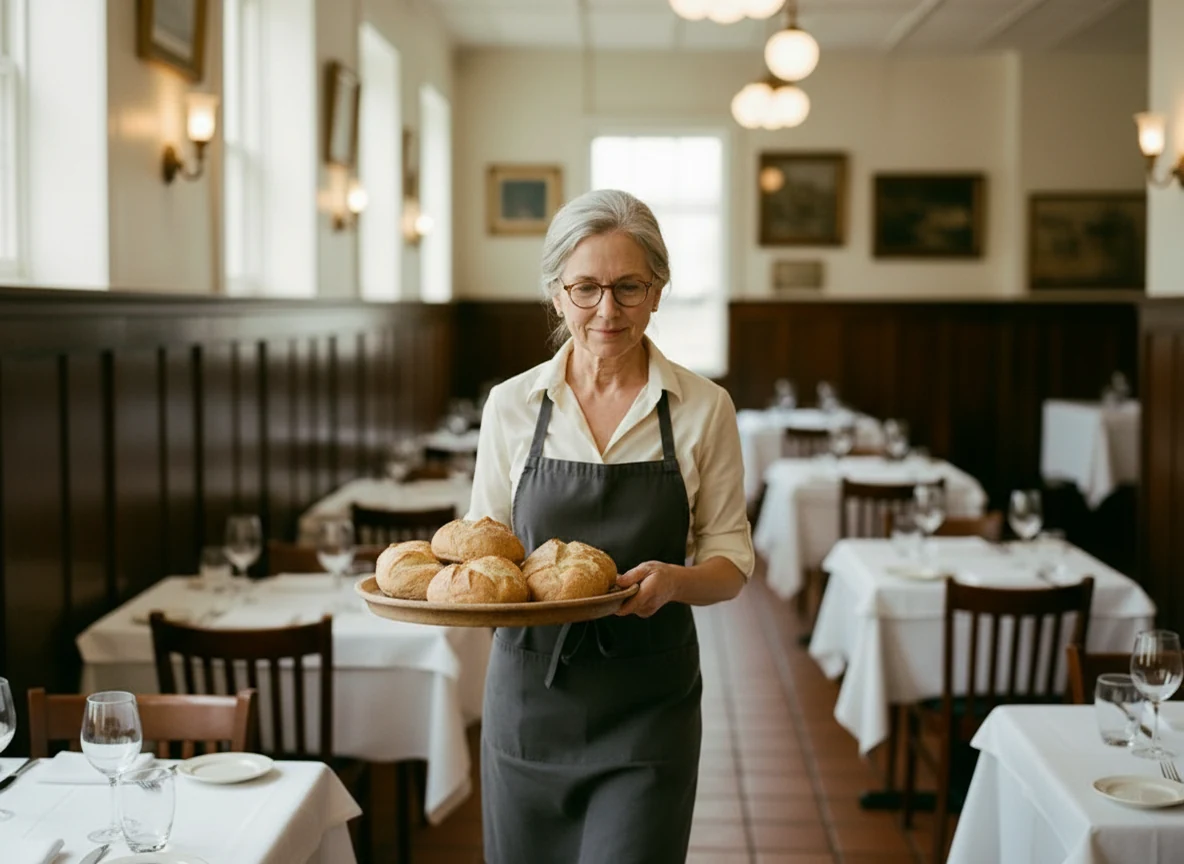 Margaret Ellison, a restaurant owner, carrying a tray of fresh bread