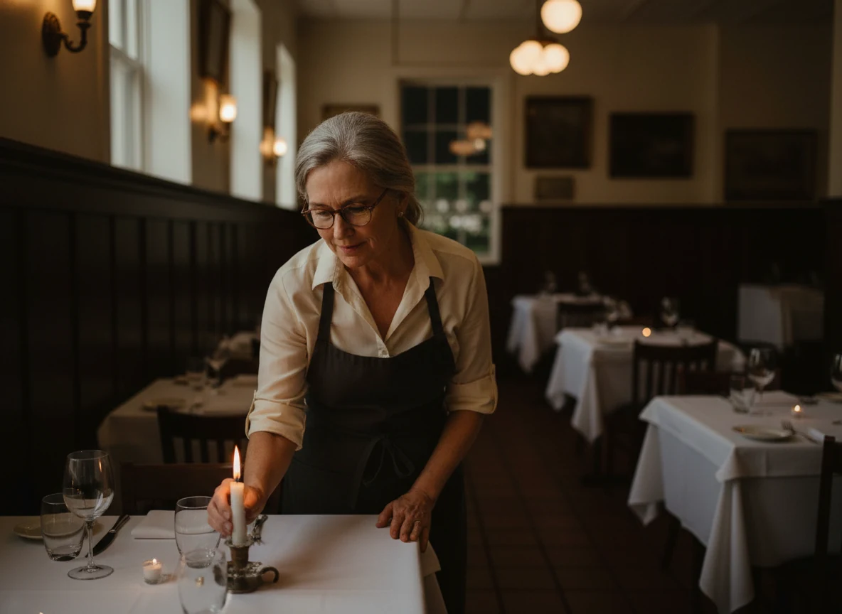 Margaret Ellison setting a candle on a laid table in the dining room of Tampa Pasta House