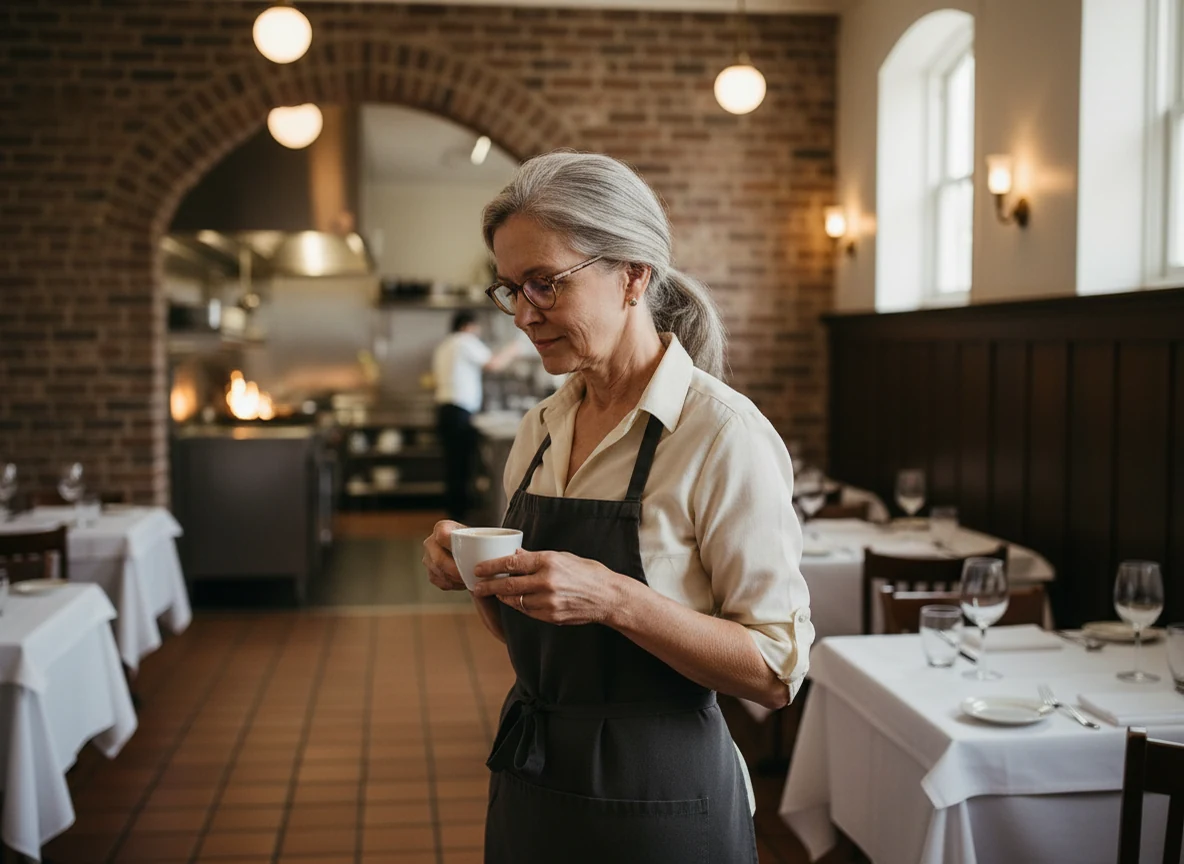 Margaret Ellison, a restaurant owner, with a coffee under the dining-room archway