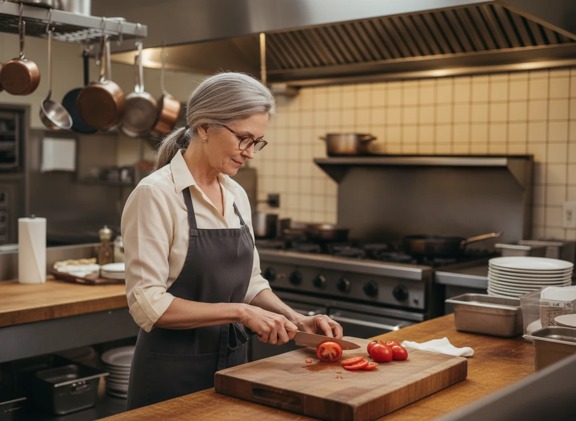 Margaret Ellison, a restaurant owner, cutting tomatoes in her kitchen