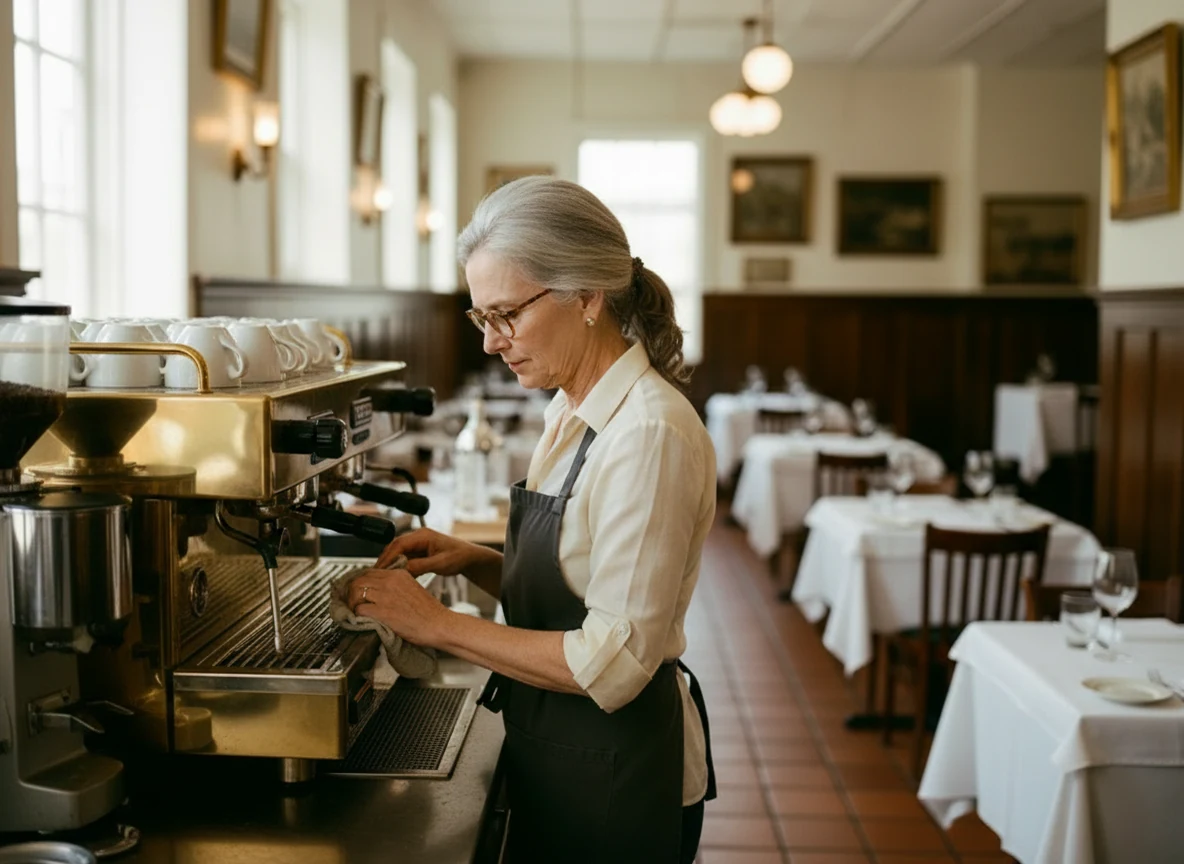 Margaret with an espresso at the counter of her restaurant
