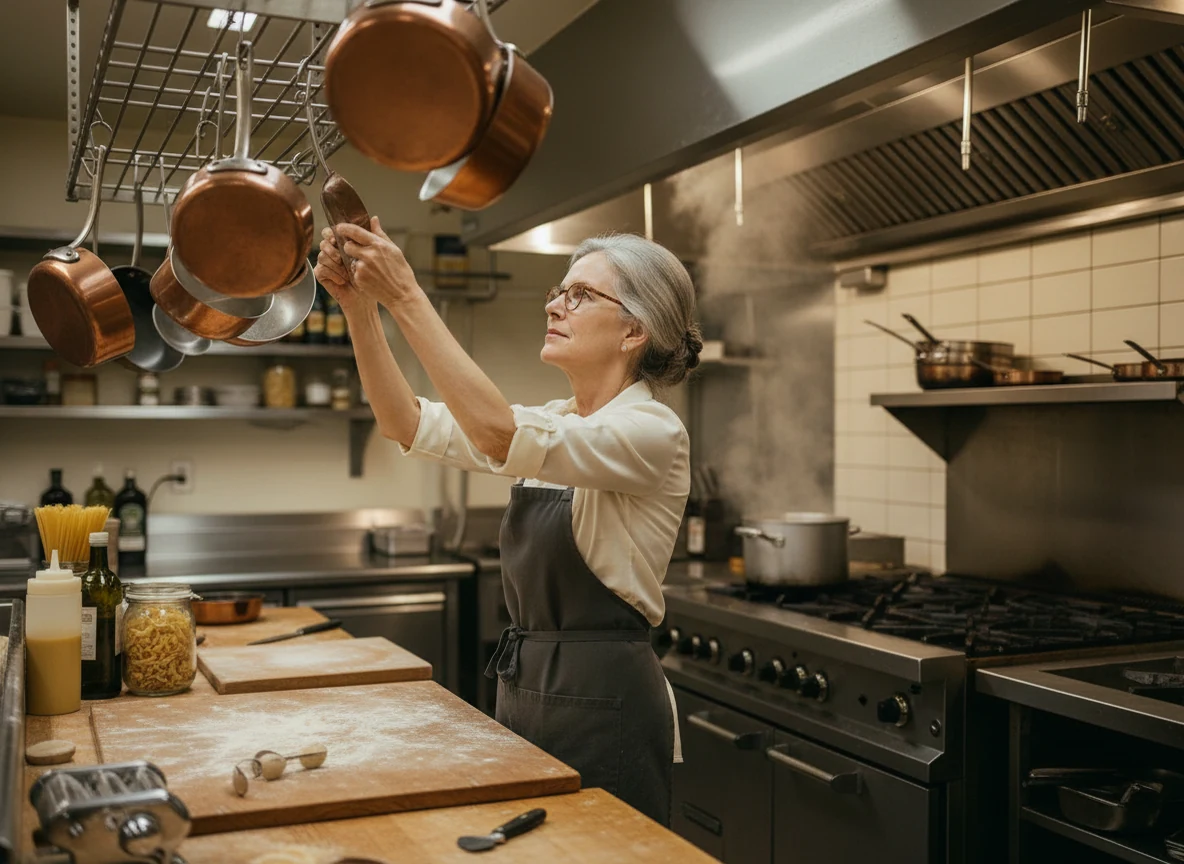 Margaret Ellison hanging copper pans in the kitchen at Tampa Pasta House