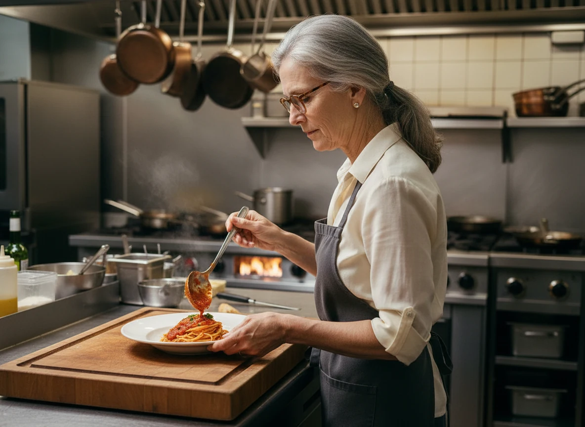 Margaret Ellison plating a finished dish at Tampa Pasta House