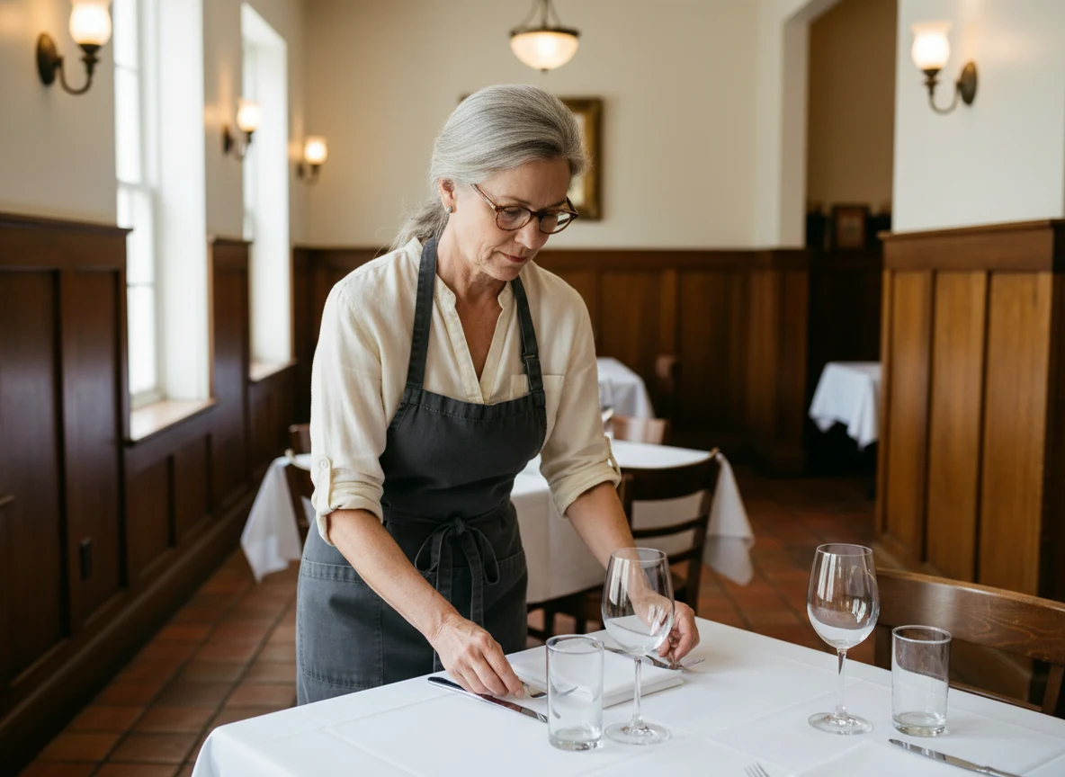 Margaret Ellison, owner of Tampa Pasta House, setting a table before service