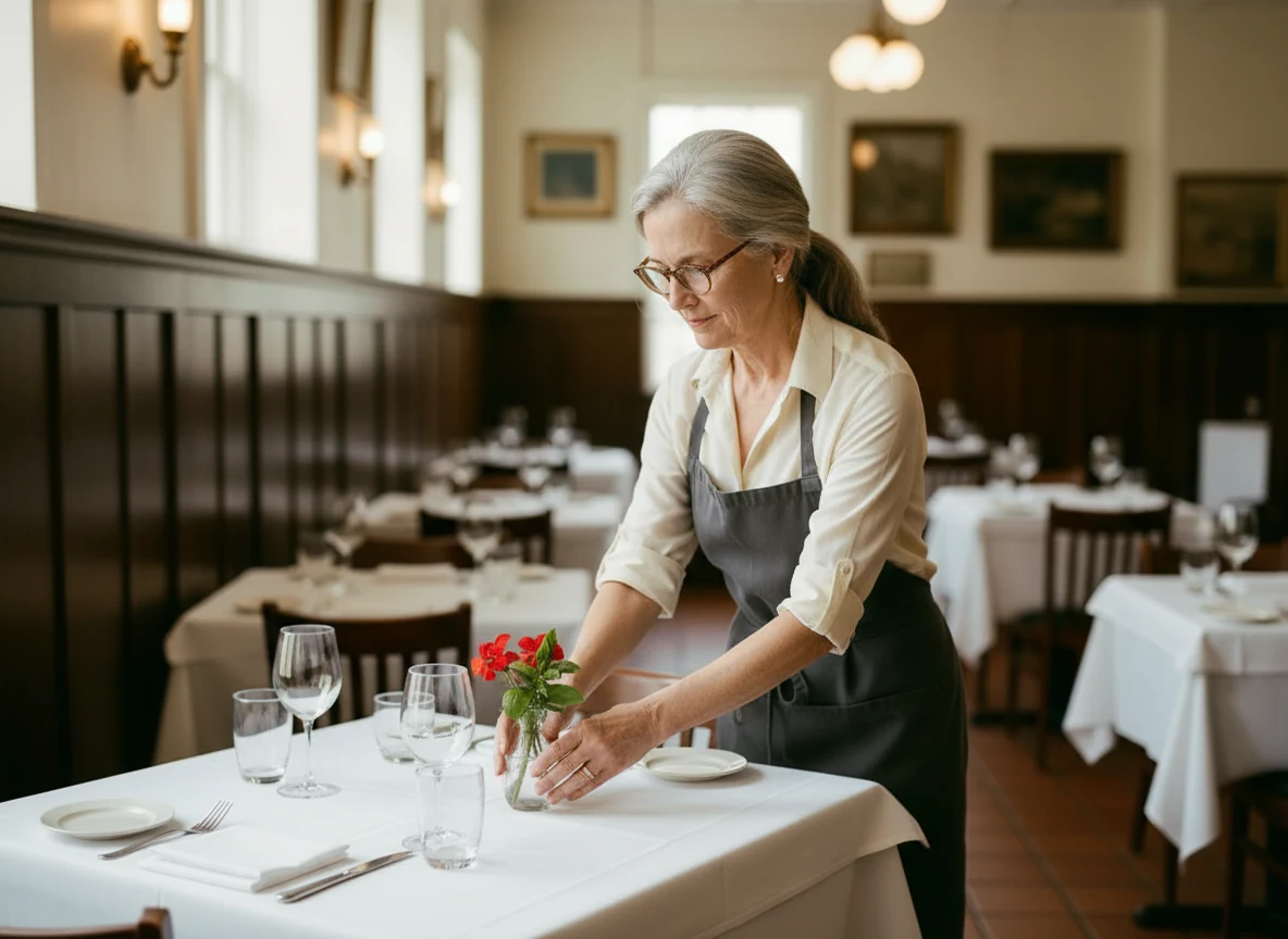 Margaret Ellison placing fresh flowers on a set table at Tampa Pasta House