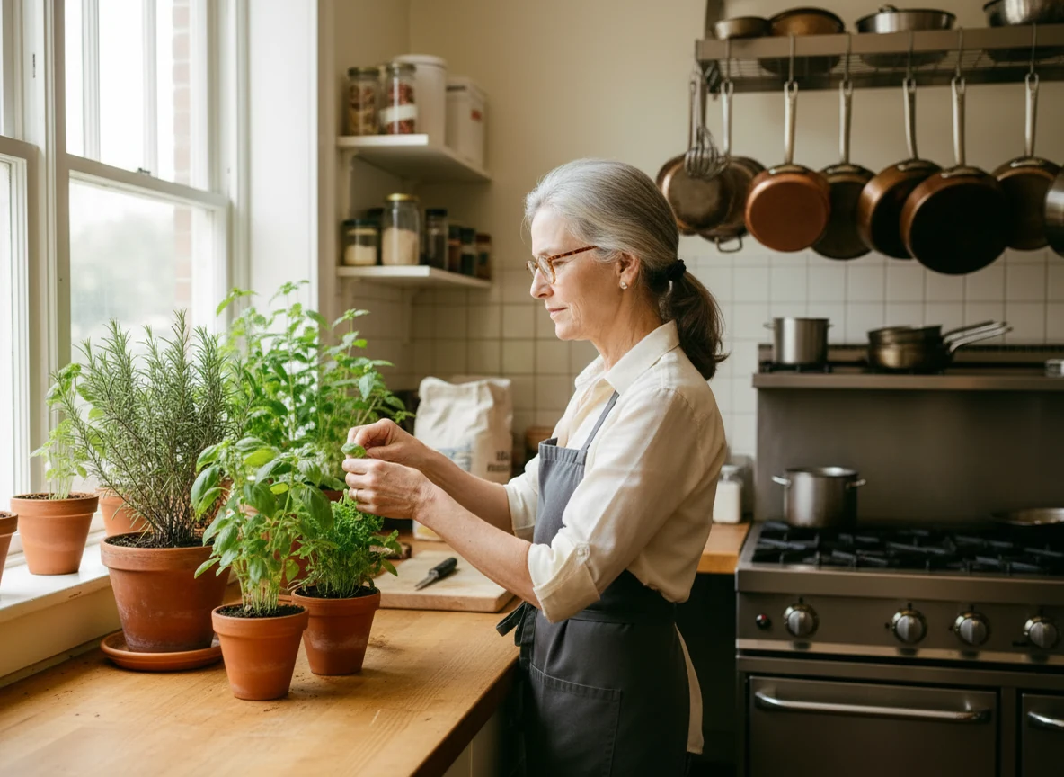 Margaret Ellison tending the fresh herb planter at Tampa Pasta House