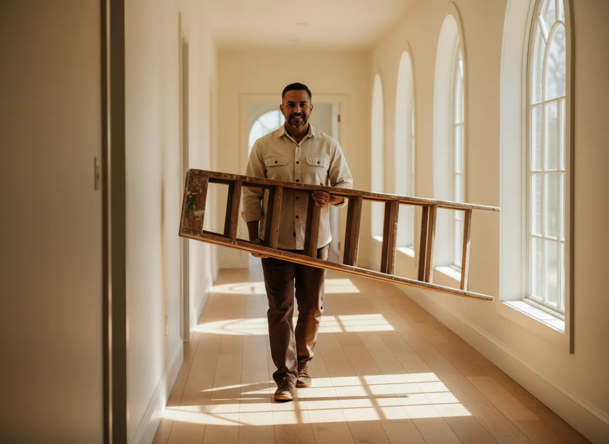 Mateo Salgado on a step ladder fixing a ceiling light for Casa Lista