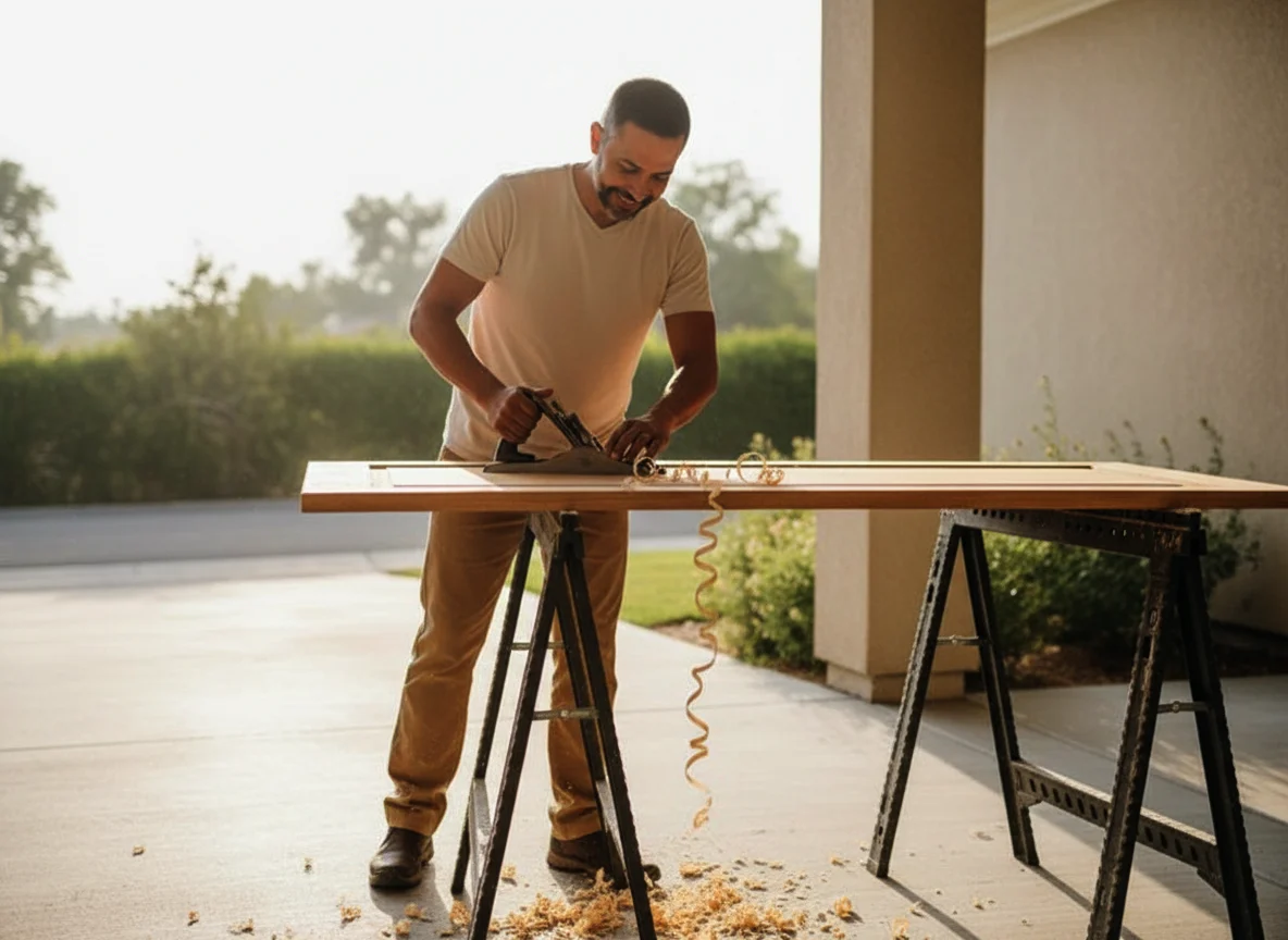 Mateo Salgado, owner of Casa Lista Home Repair, planing a door edge