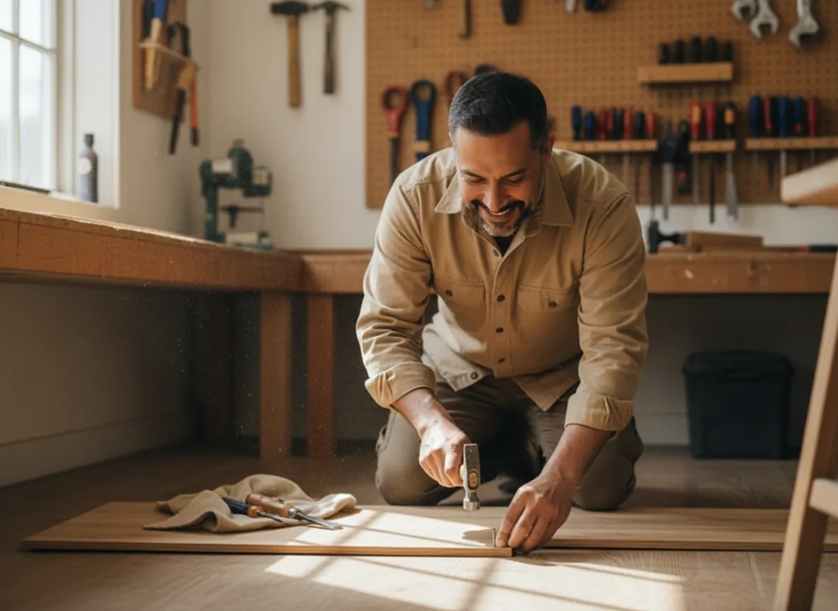 Mateo Salgado, owner of Casa Lista Home Repair, kneeling over a floor repair
