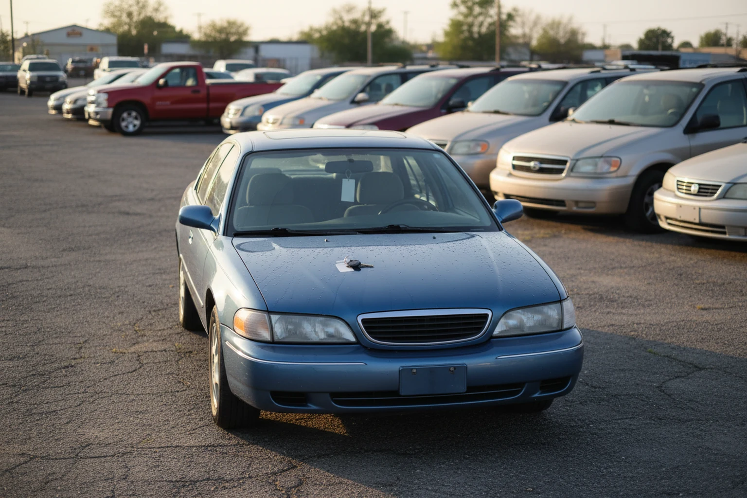 A car pulled to the front of the lot with the keys on the hood, the rest of the row behind it
