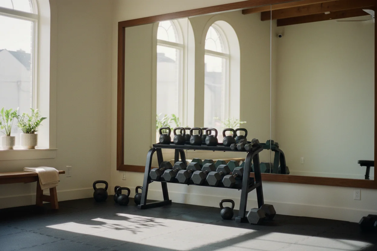 A studio floor set up before class — mats laid out, blocks and towels ready
