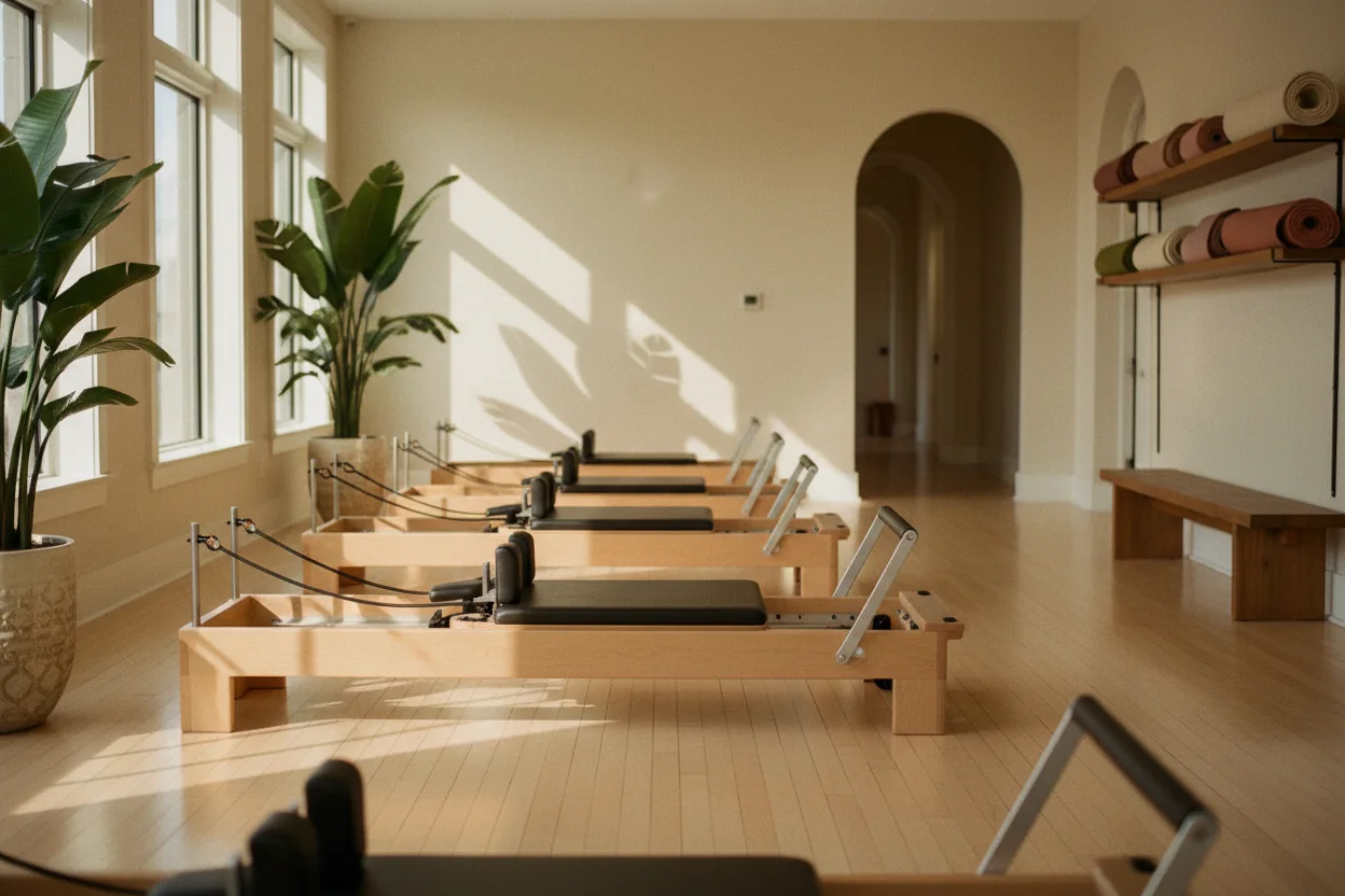 A studio floor set up before class — mats laid out, blocks and towels ready