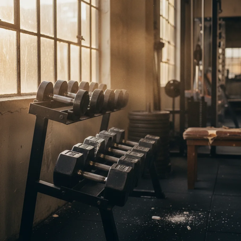 A gym floor before opening — dumbbells racked by the window, plates stacked, nobody in yet