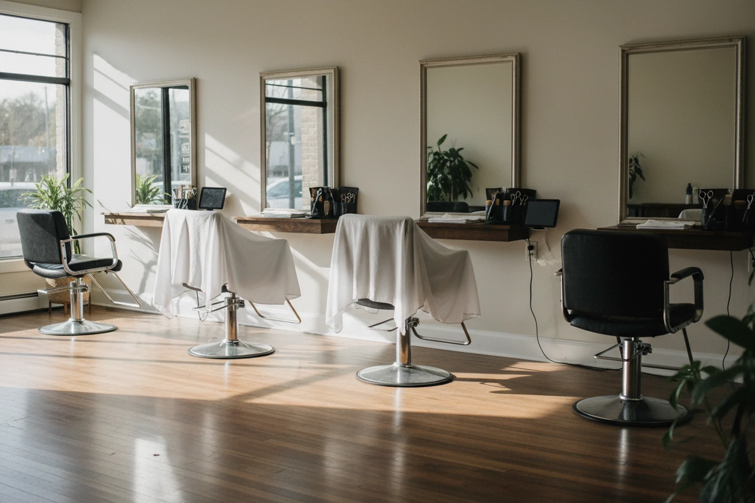 A salon floor set up for a booked day — chairs draped, stations ready