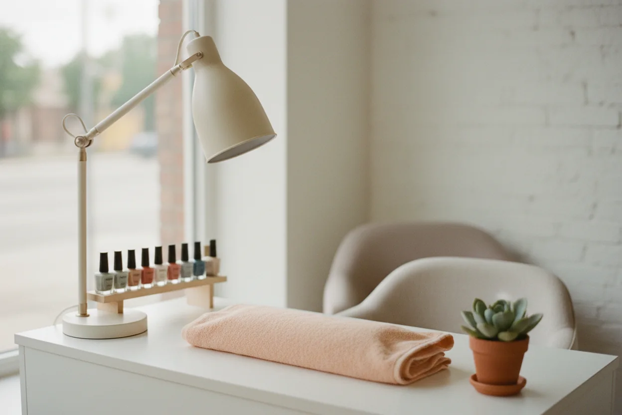A salon floor set up for a booked day — chairs draped, stations ready
