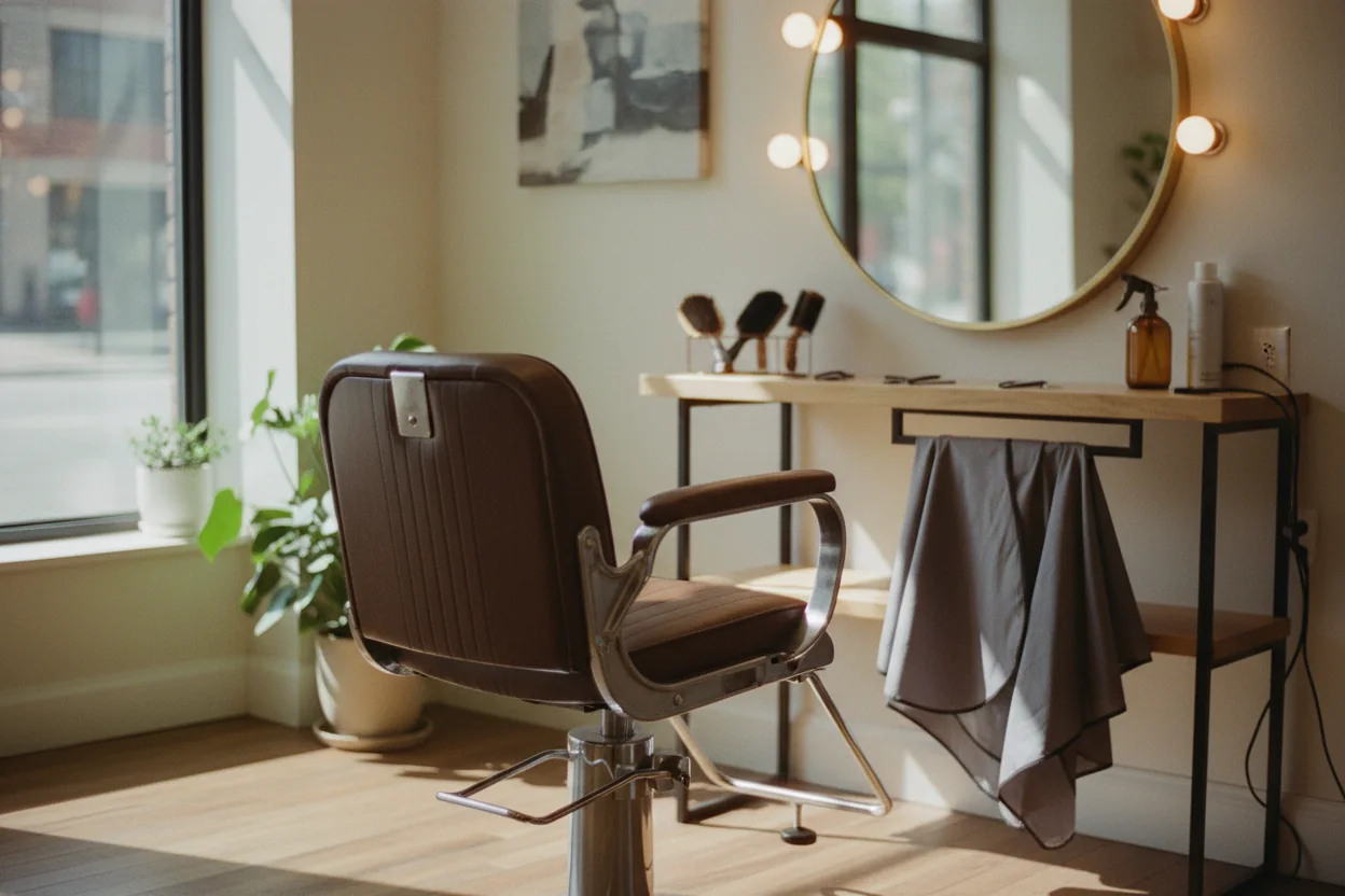 A salon floor set up for a booked day — chairs draped, stations ready
