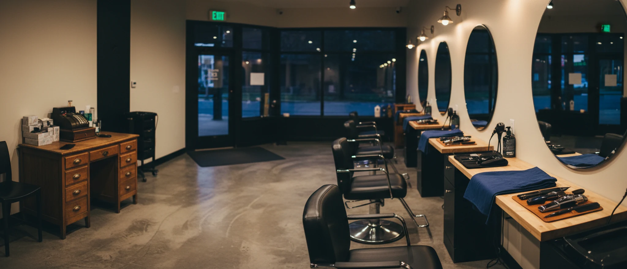 A salon floor at the end of the day — chairs empty, stations wiped down, the street dark outside