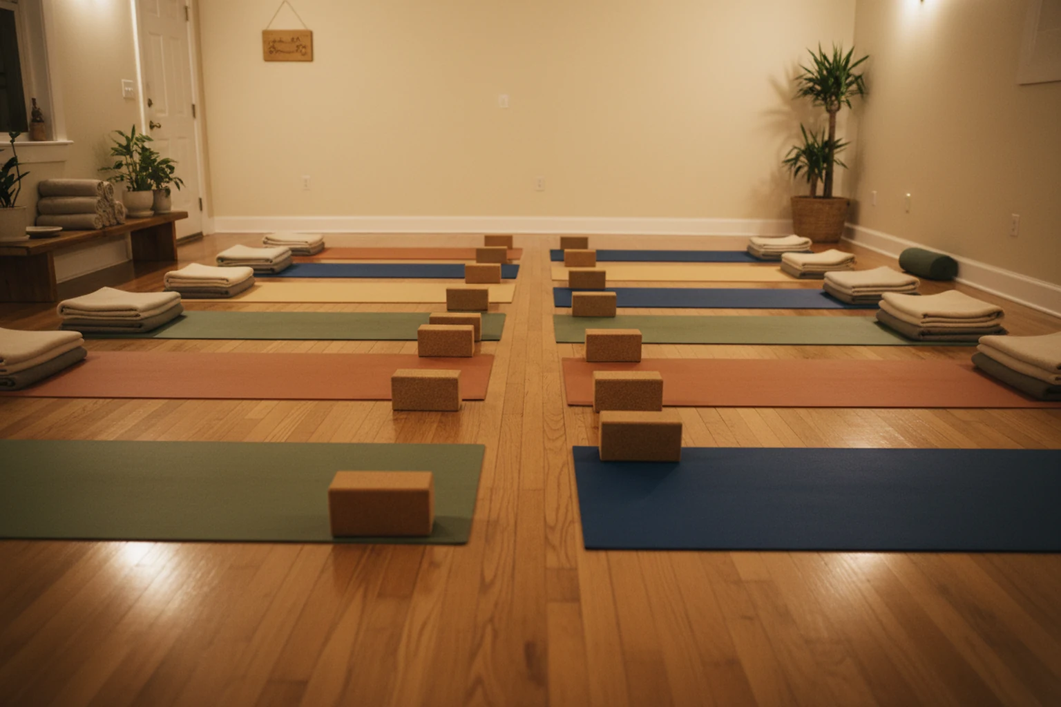 A studio floor set up before class — mats laid out, blocks and towels ready