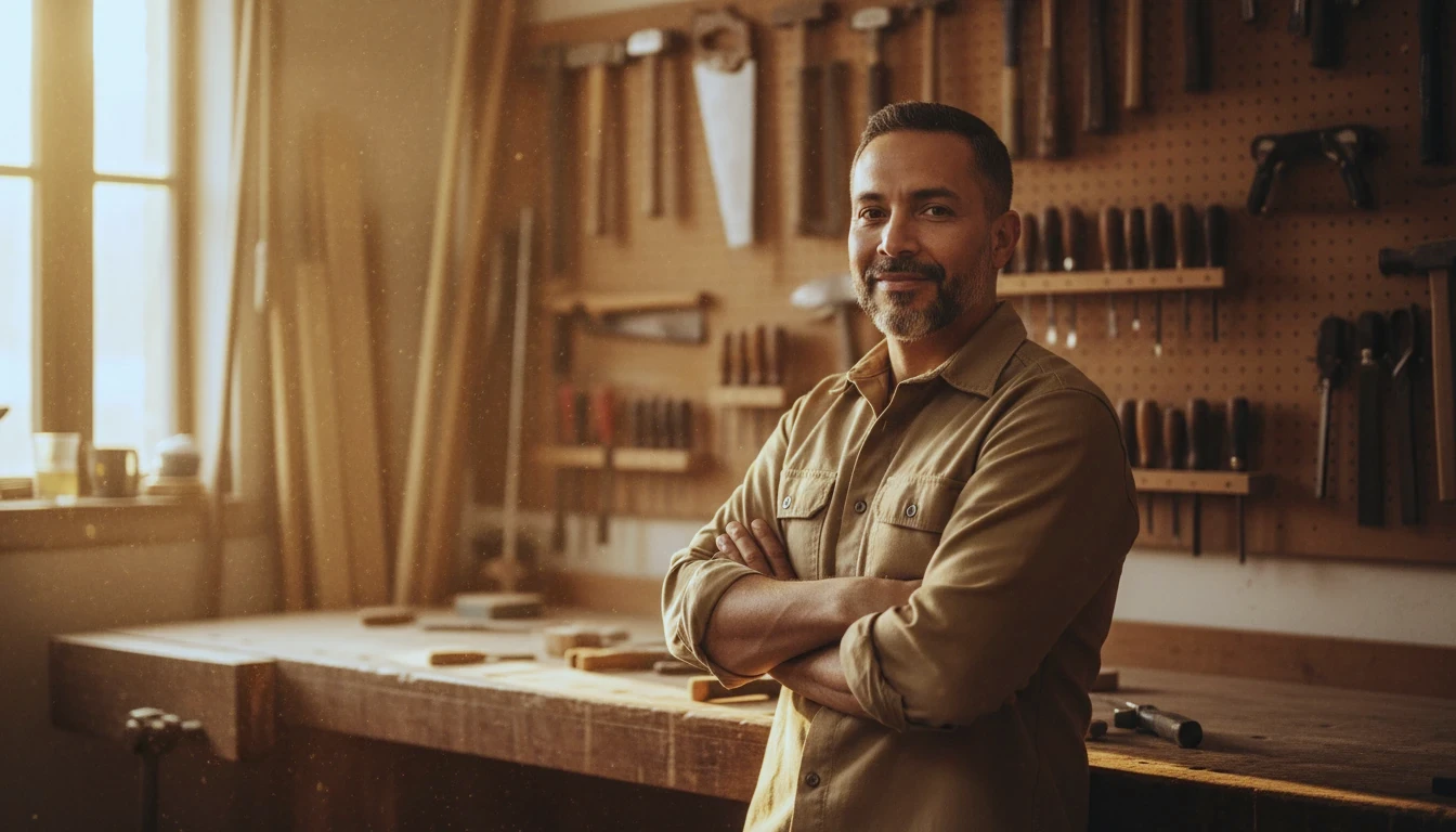 A handyman standing at his workbench at the end of the day