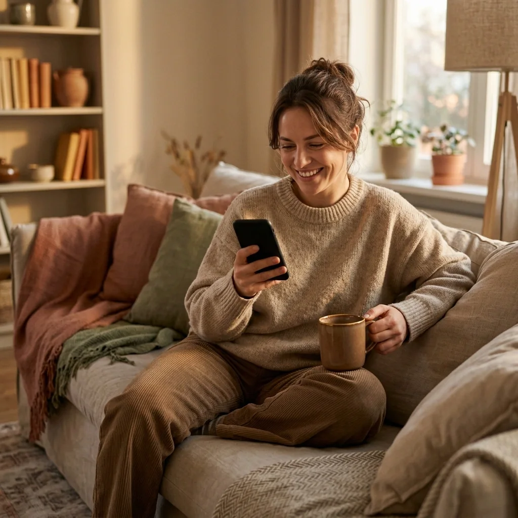 A customer messaging from her couch