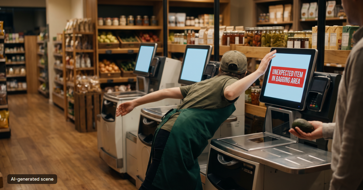 Illustrative scene: one store employee runs between self-checkout kiosks on a Friday evening; one screen shows “unexpected item in bagging area” while a customer with an avocado waits. AI-generated scene.