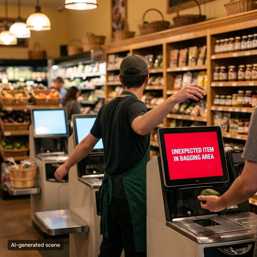 Illustrative scene: one store employee runs between self-checkout kiosks on a Friday evening; one screen shows “unexpected item in bagging area” while a customer with an avocado waits. AI-generated scene.