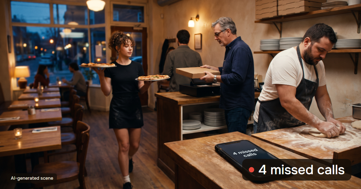 Illustrative scene: on a Friday evening in a small pizzeria, the cook's hands are in dough, the server carries two trays and the owner is at the register while the phone on the counter shows 4 missed calls. AI-generated scene.