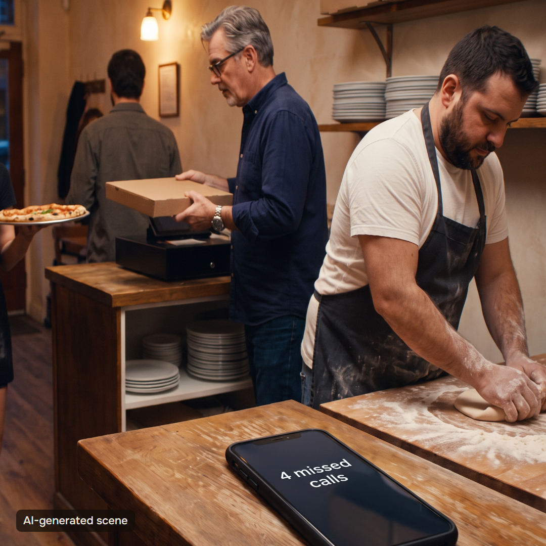 Illustrative scene: on a Friday evening in a small pizzeria, the cook's hands are in dough, the server carries two trays and the owner is at the register while the phone on the counter shows 4 missed calls. AI-generated scene.