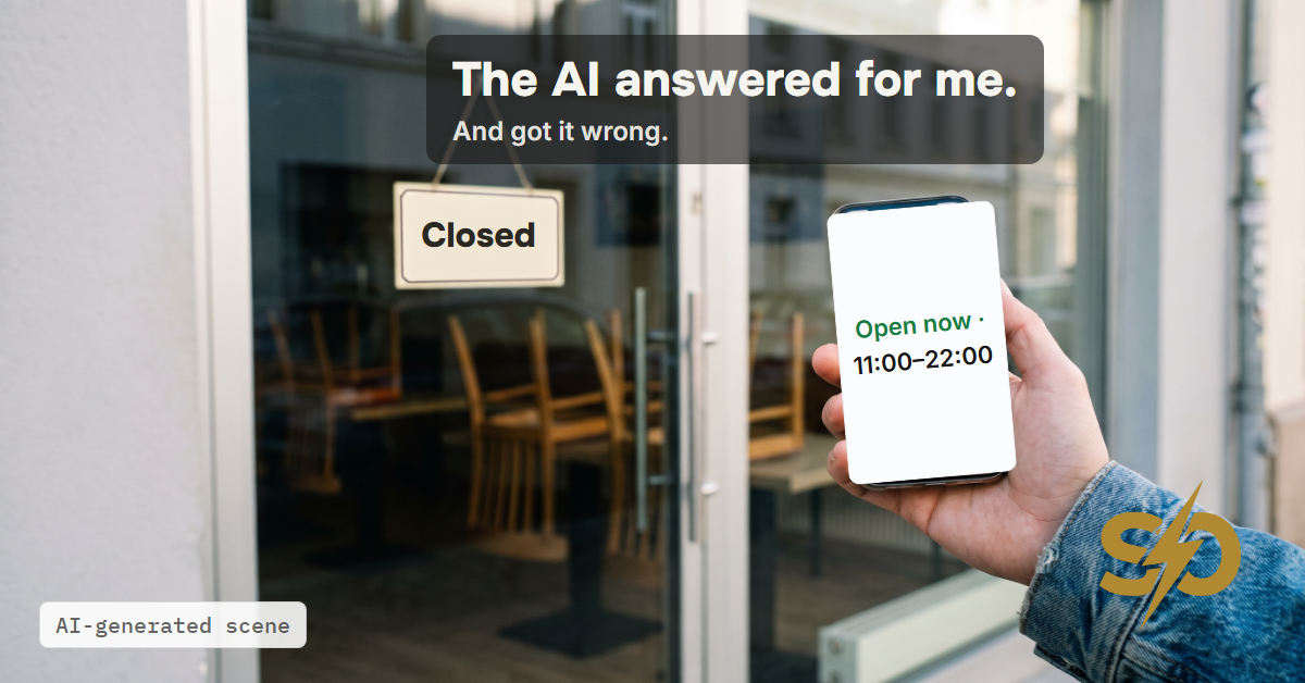 Illustrative scene: outside a small restaurant's closed glass door, a customer's phone shows an AI assistant's answer, "Open now · 11:00–22:00", while the sign inside says Closed. AI-generated scene.