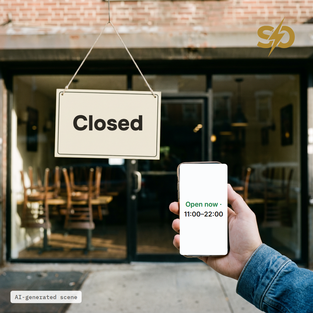 Illustrative scene: outside a small restaurant's closed glass door, a customer's phone shows an AI assistant's answer, "Open now · 11:00–22:00", while the sign inside says Closed. AI-generated scene.