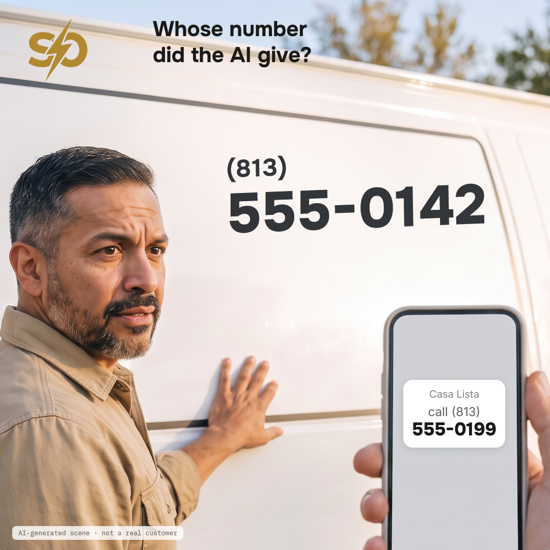 Illustrative scene: a repair business owner beside his van with his number on it, while a customer's phone shows an AI answer with a different number. AI-generated scene.