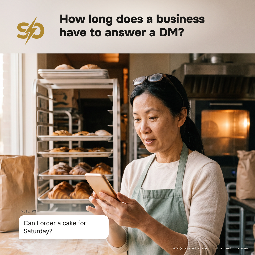 Illustrative scene: a bakery owner early in the morning reads a message on her phone, "Can I order a cake for Saturday?", sent at 9:12 p.m. AI-generated scene.