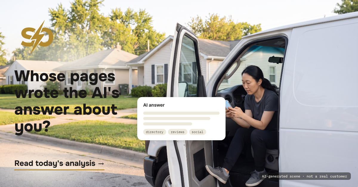 Illustrative scene: a cleaning company owner sits in her van early in the morning and reads an AI answer about her business on her phone. AI-generated scene.
