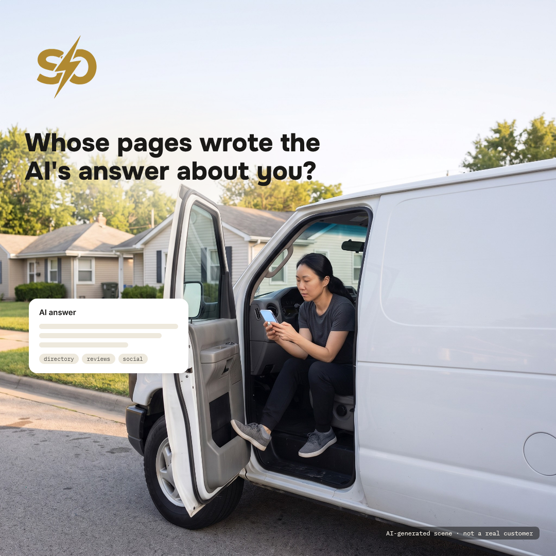 Illustrative scene: a cleaning company owner sits in her van early in the morning and reads an AI answer about her business on her phone. AI-generated scene.