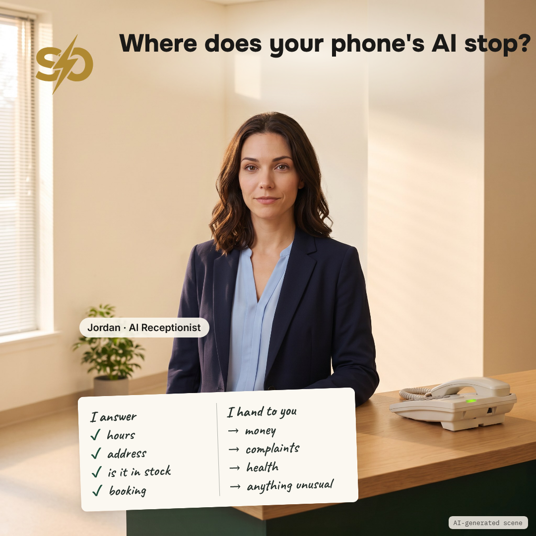 Illustrative scene: an AI receptionist at the counter of a small repair shop in the morning, a phone on its base and a handwritten two-column list, "I answer" and "I hand to you". AI-generated scene.