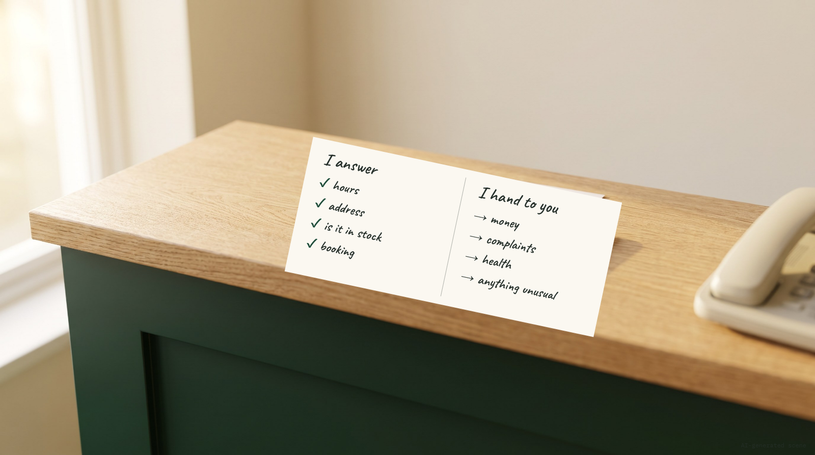 Illustrative scene: a handwritten two-column list on a shop counter next to a desk phone, "I answer" (hours, address, is it in stock, booking) and "I hand to you" (money, complaints, health, anything unusual). AI-generated scene.