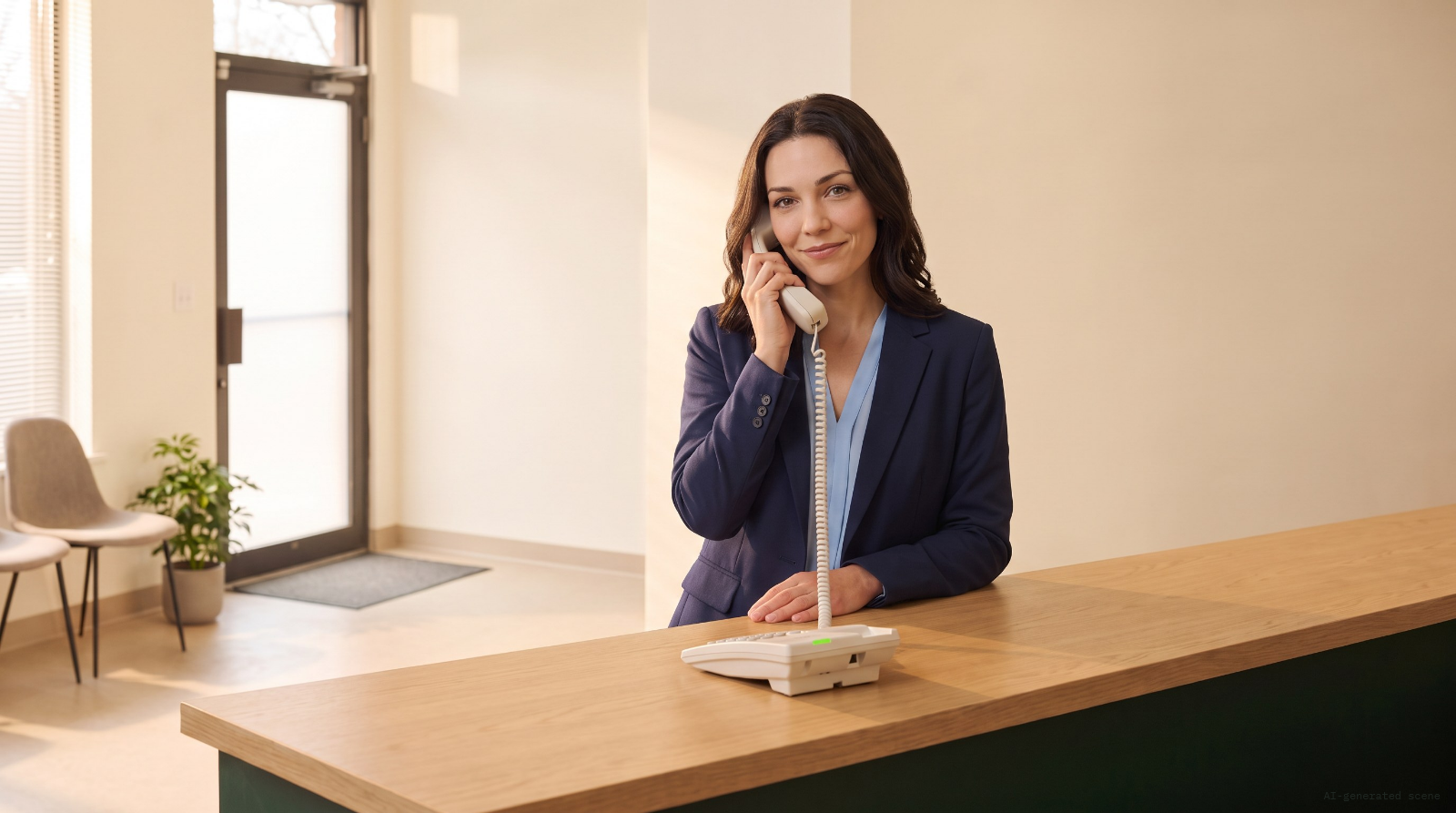 Illustrative scene: Jordan, the AI receptionist, takes a morning call on the desk phone at the counter, the line light on. AI-generated scene.