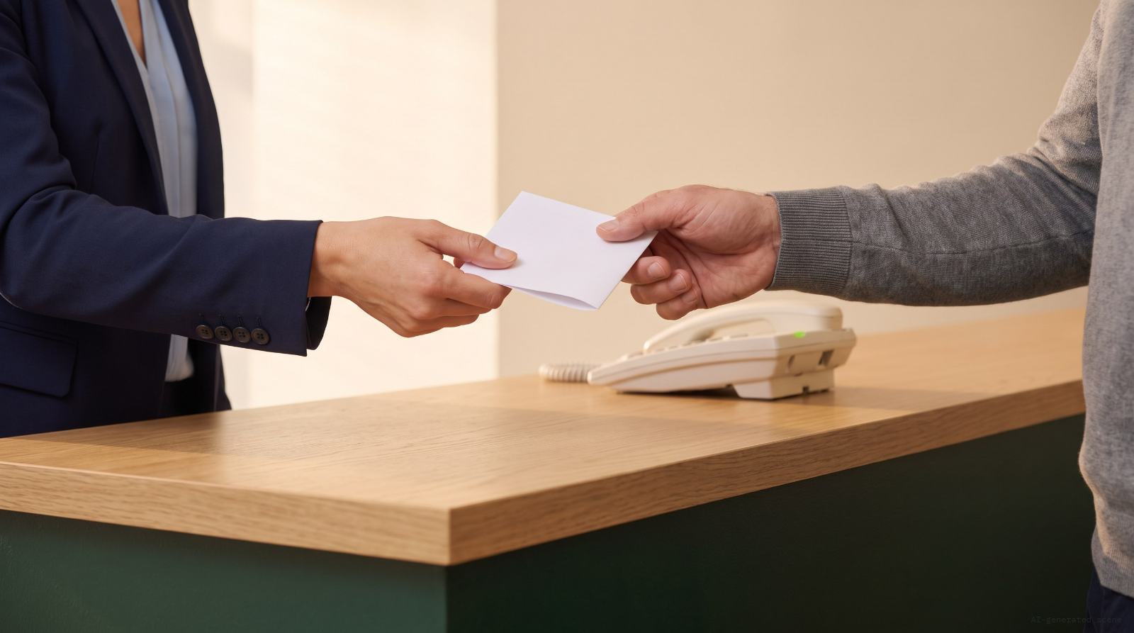 Illustrative scene: across the counter, the AI receptionist hands the owner a note; only their hands are in the frame. AI-generated scene.