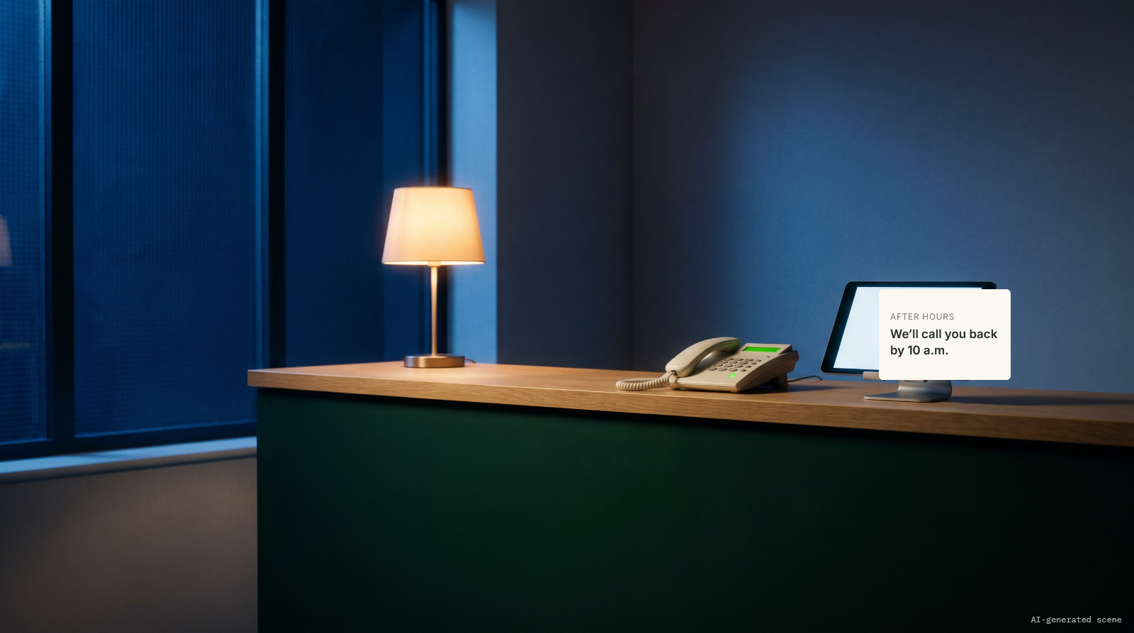 Illustrative scene: an empty counter at night under a desk lamp, and a screen next to the phone that reads "After hours. We'll call you back by 10 a.m." AI-generated scene.