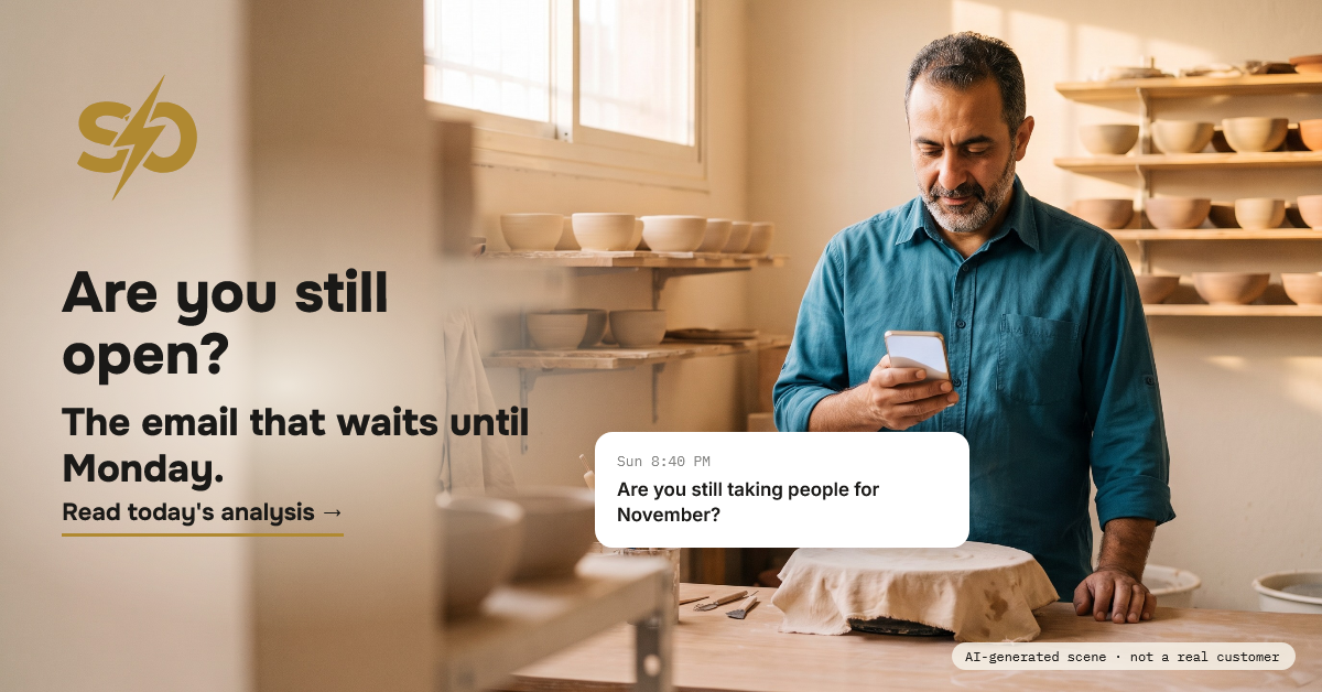 Illustrative scene: a potter in his studio in the morning light reads one email on his phone, "Are you still taking people for November?" AI-generated scene.