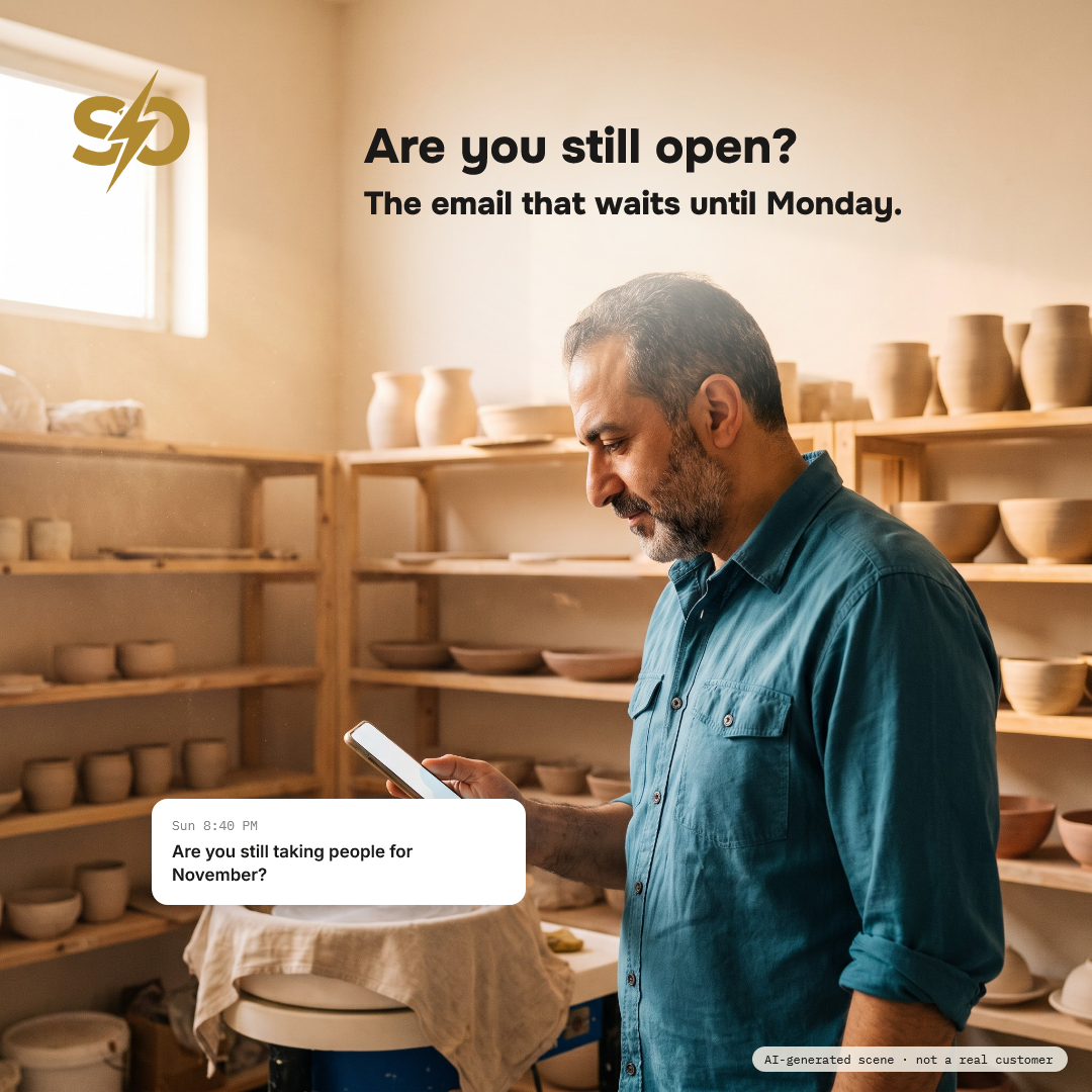 Illustrative scene: a potter in his studio in the morning light reads one email on his phone, "Are you still taking people for November?" AI-generated scene.