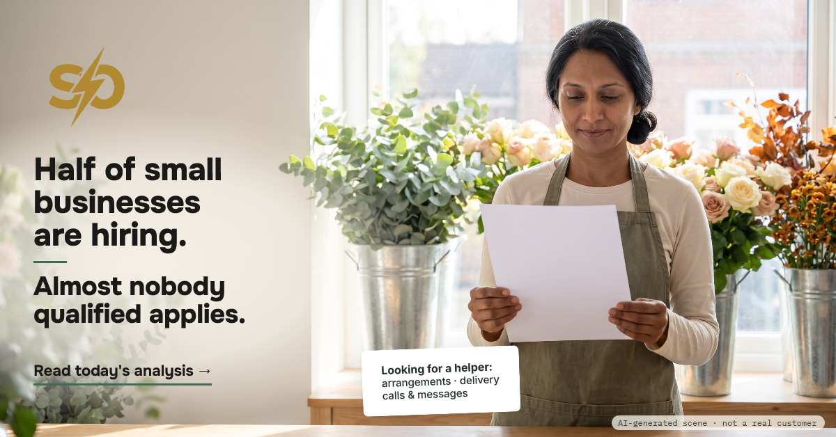 Illustrative scene: a florist in her shop in the morning light holds a handwritten note, "Looking for a helper: arrangements, delivery, calls and messages." AI-generated scene.