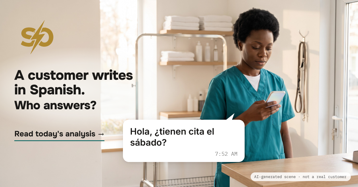 Illustrative scene: a dog groomer at a bright salon counter in the morning reads a message on her phone, "Hola, ¿tienen cita el sábado?" AI-generated scene.