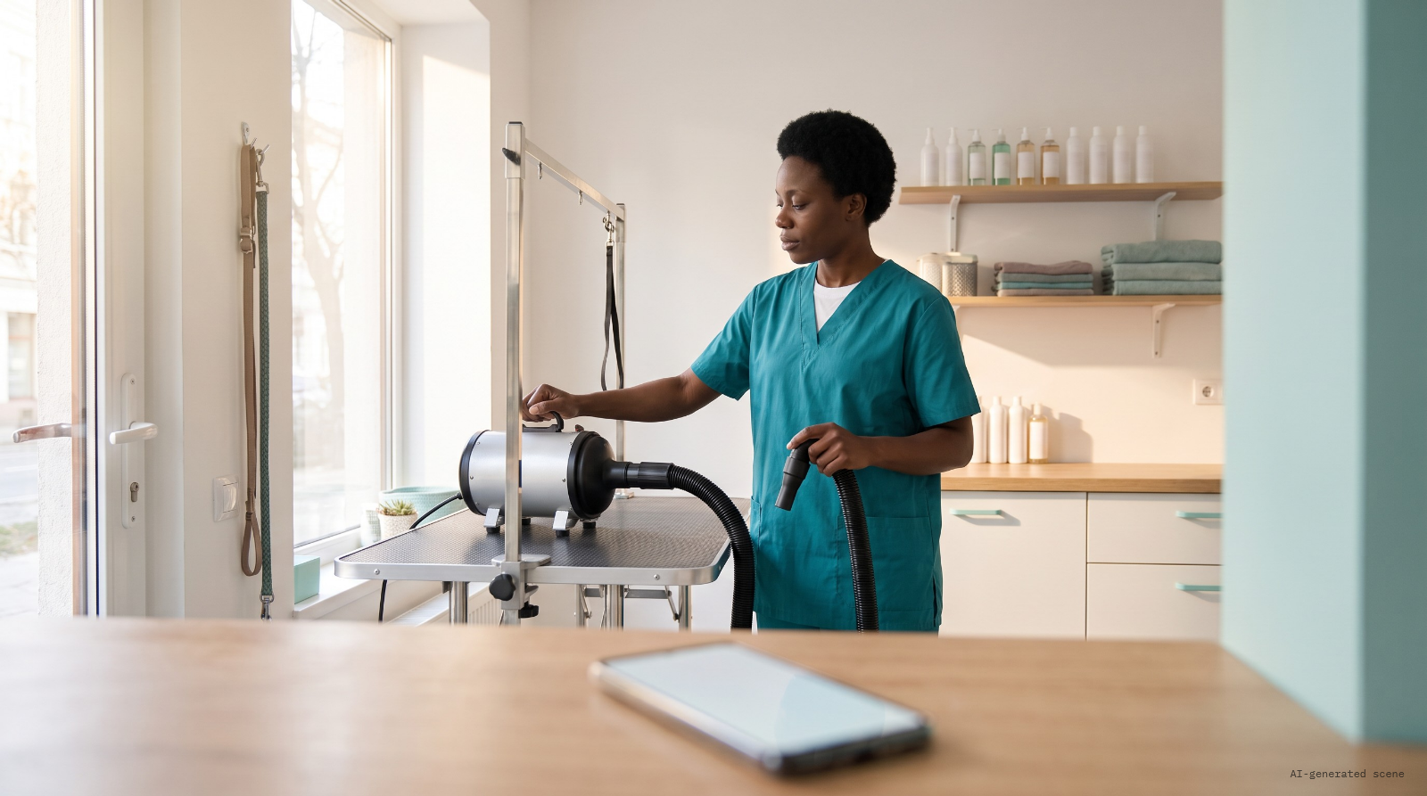 Tuesday, 8:15 a.m. Imani opens her grooming salon, runs a dryer for a second, and checks her phone. AI-generated scene.