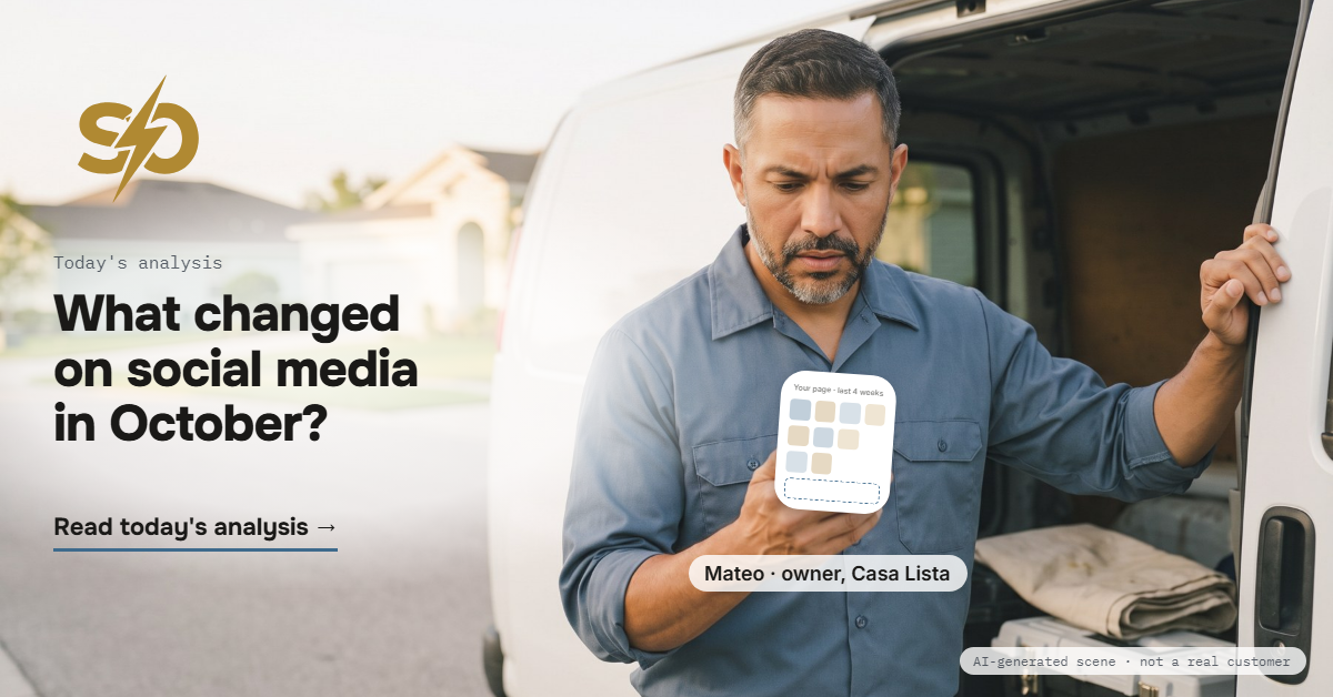 Illustrative scene: Mateo, a handyman, in his van in the morning, coffee on the dashboard, scrolling his business page on his phone. AI-generated scene.