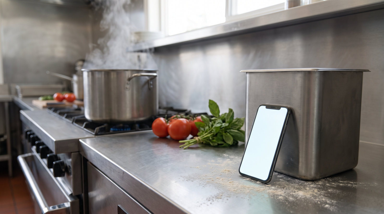 Illustrative scene: a phone propped against the flour bin in a restaurant kitchen, twelve tabs open on it. AI-generated scene.