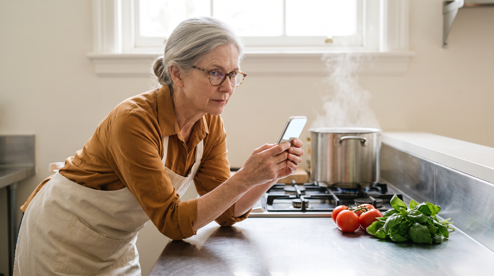 Illustrative scene: Margaret, a restaurant owner, reads an AI assistant's answer about her restaurant on her phone. AI-generated scene.