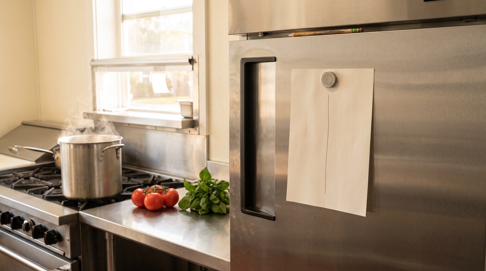 Illustrative scene: a sheet on the kitchen fridge door, ruled down the middle into two columns, a pencil above it. AI-generated scene.