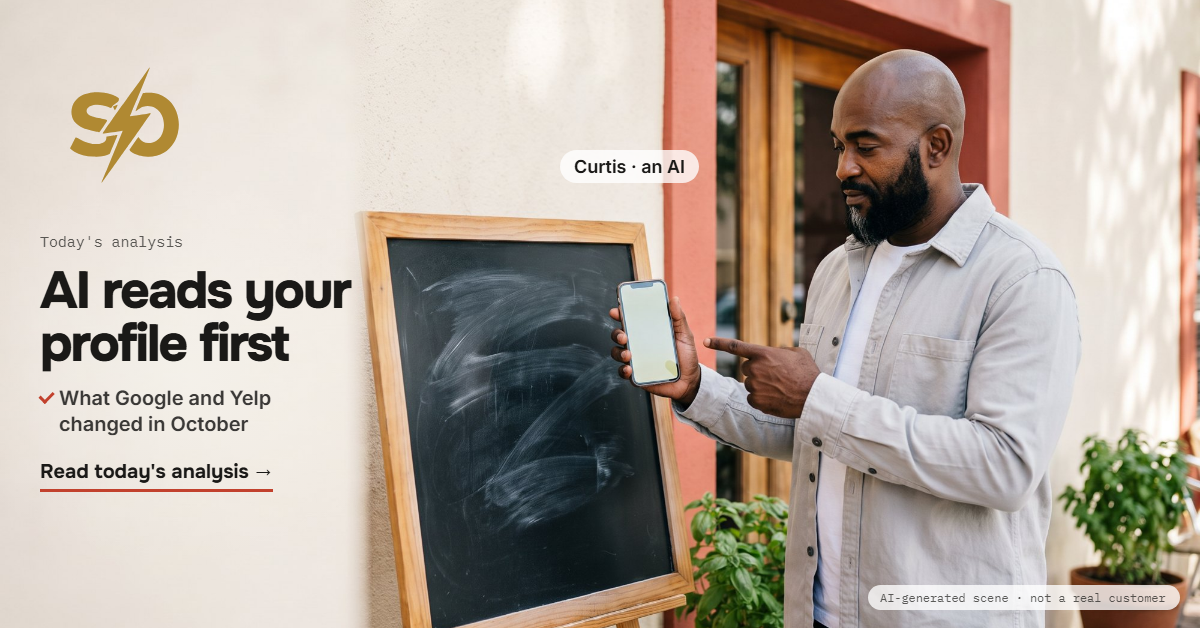 Illustrative scene: Curtis, an AI, at the menu board of a restaurant at midday, holding a phone with an AI assistant's answer next to the posted hours. AI-generated scene.